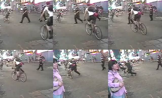 Cop Body-Slamming Cyclist Video Surfaces, July 28: Tensions between cyclists and the NYPD have been wary and simmering since the 2004 Republican National Convention, when Critical Mass bike rides became more popular (the city unsuccessfully tried to bar the ride).  But a video of a police officer shoving a cyclist emergedtold the Daily News, "The video is badâwhat can you say?"  In December, Pogan pleaded not guilty to assault and filing a false report.